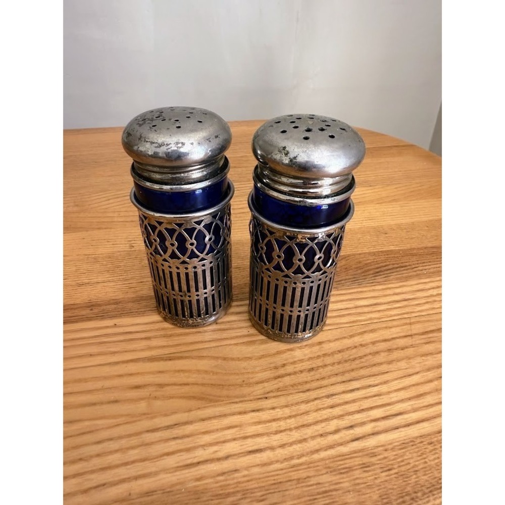 Vintage Cobalt Blue Salt & Pepper Shakers, Silver Plate Filigree Leonard,  Japan